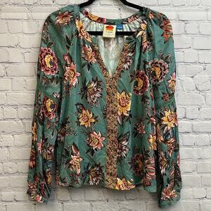 Farm Rio Anthropologie Paola Floral Peasant Blouse Crochet Sleeve Detail Small